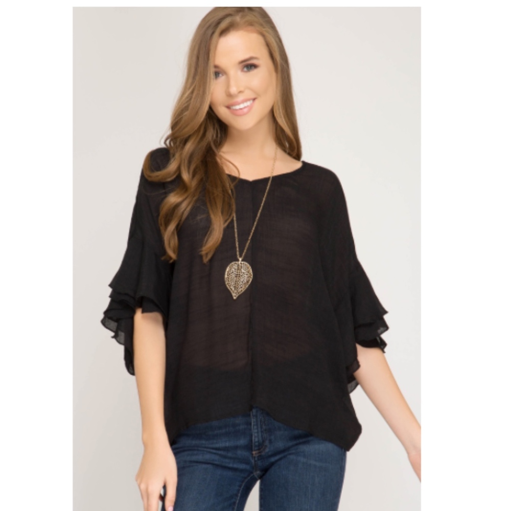 She+Sky Double Ruffled Sleeves w/ Twist Open Back